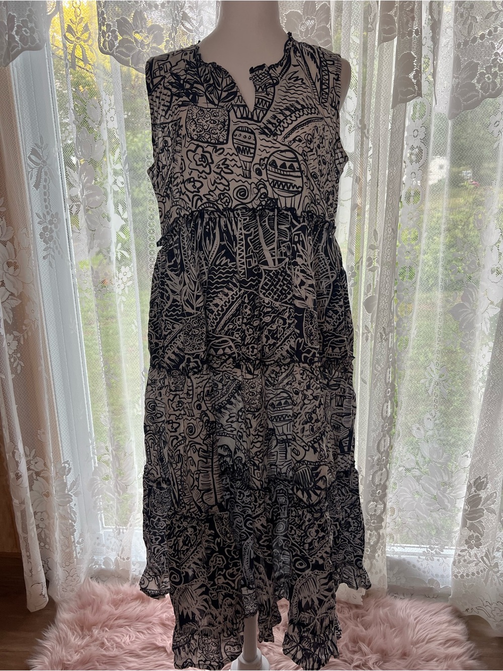 100% Organic Cotton Sleeveless Navy & White Midi Dress with Graphic Print